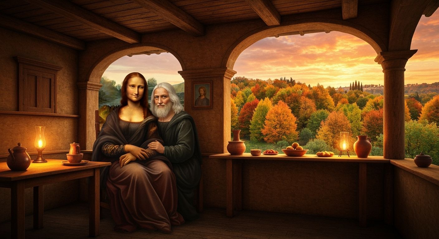 Mona Lisa and Da Vinci in Cafe at Sunset
