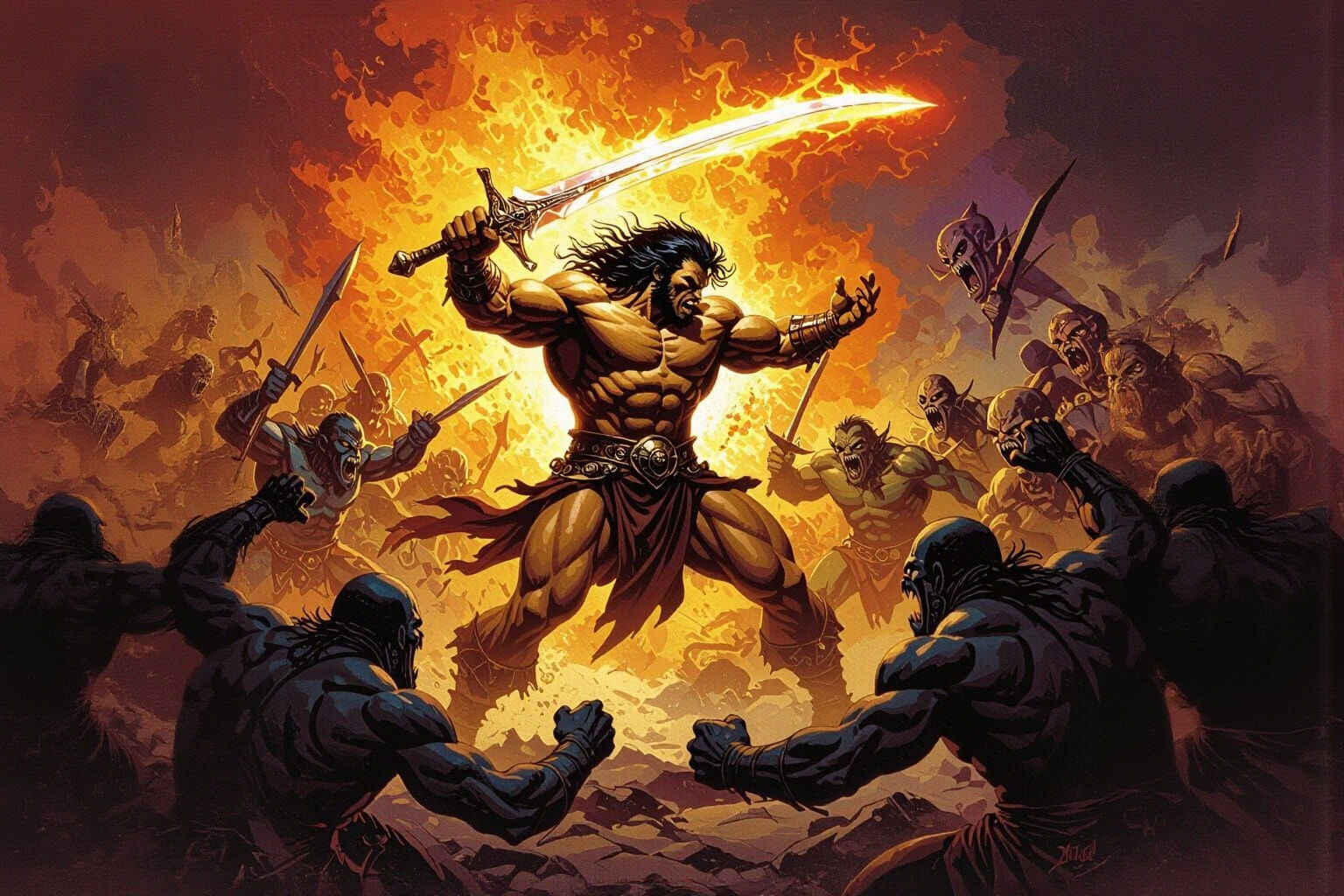 Muscular Hero Battles Monsters in Illustrative Fantasy Art