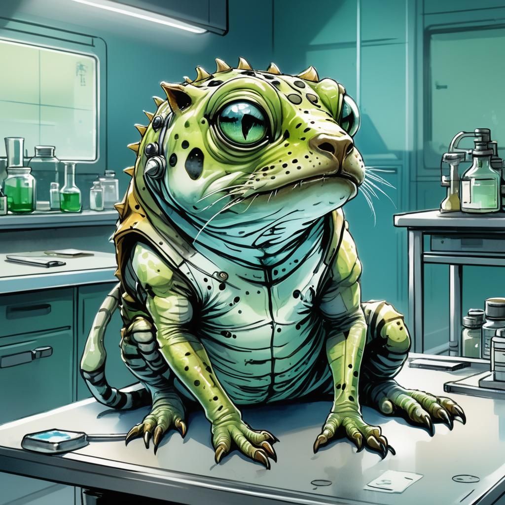 Alien Hybrid Specimen in Research Lab: Ink and Watercolor Il...