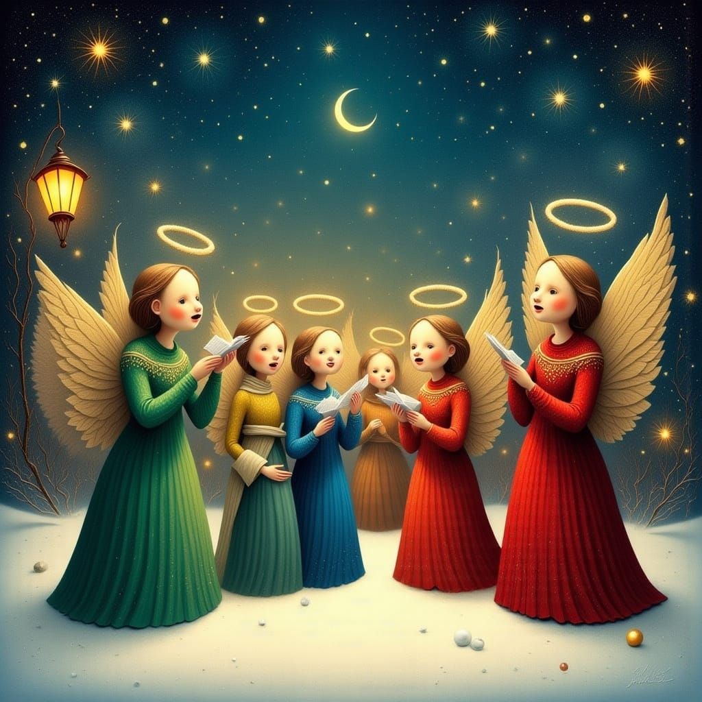 Christmas Angels Sing Carols in Snowy Village Square