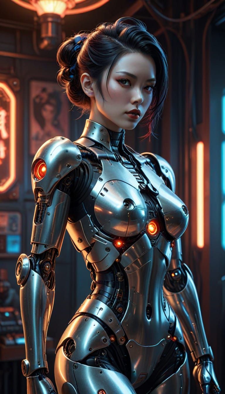 Japanese Cyborg Pinup in Cyberpunk Style
