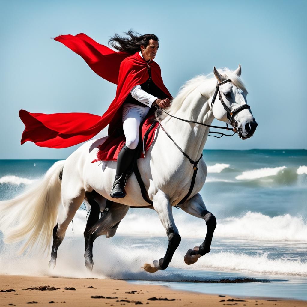Stallion Rearing on Beach with Rider in Red