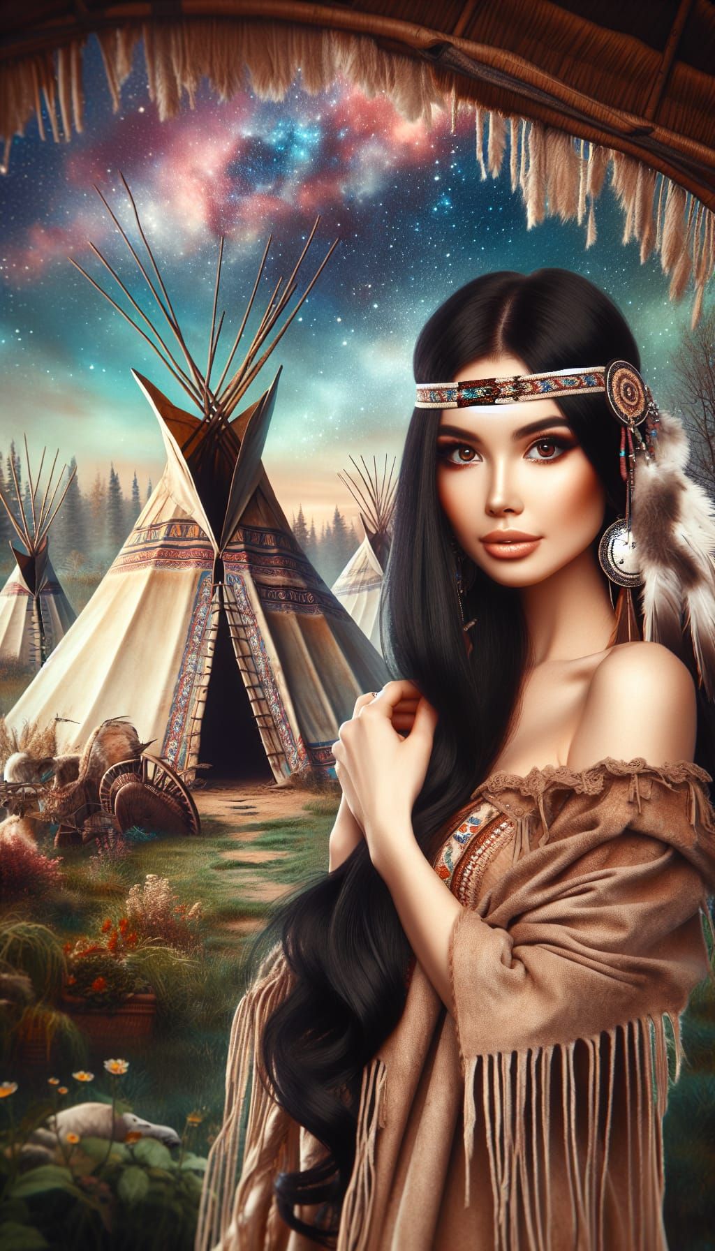 Beautiful Native American Woman in Dreamy Landscape