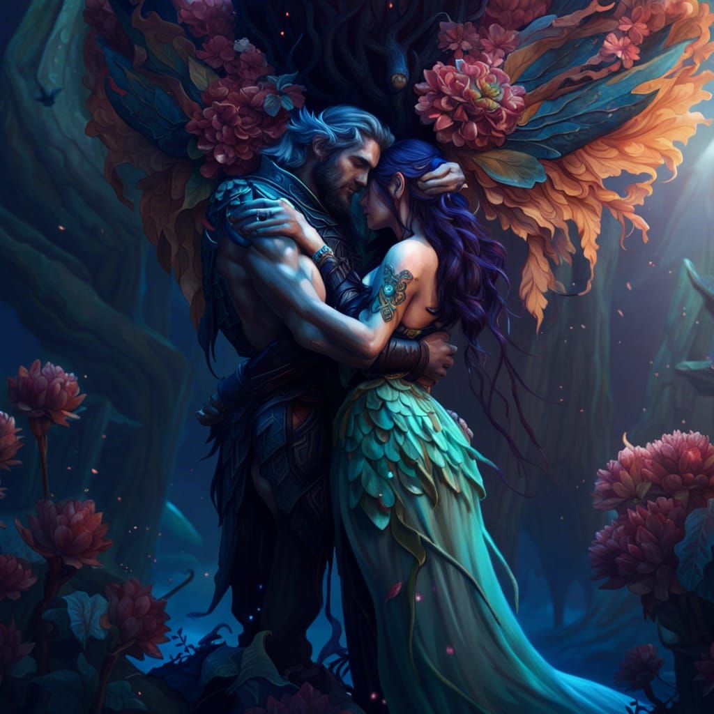 Nymphs Embrace Man: Detailed Fantasy Art