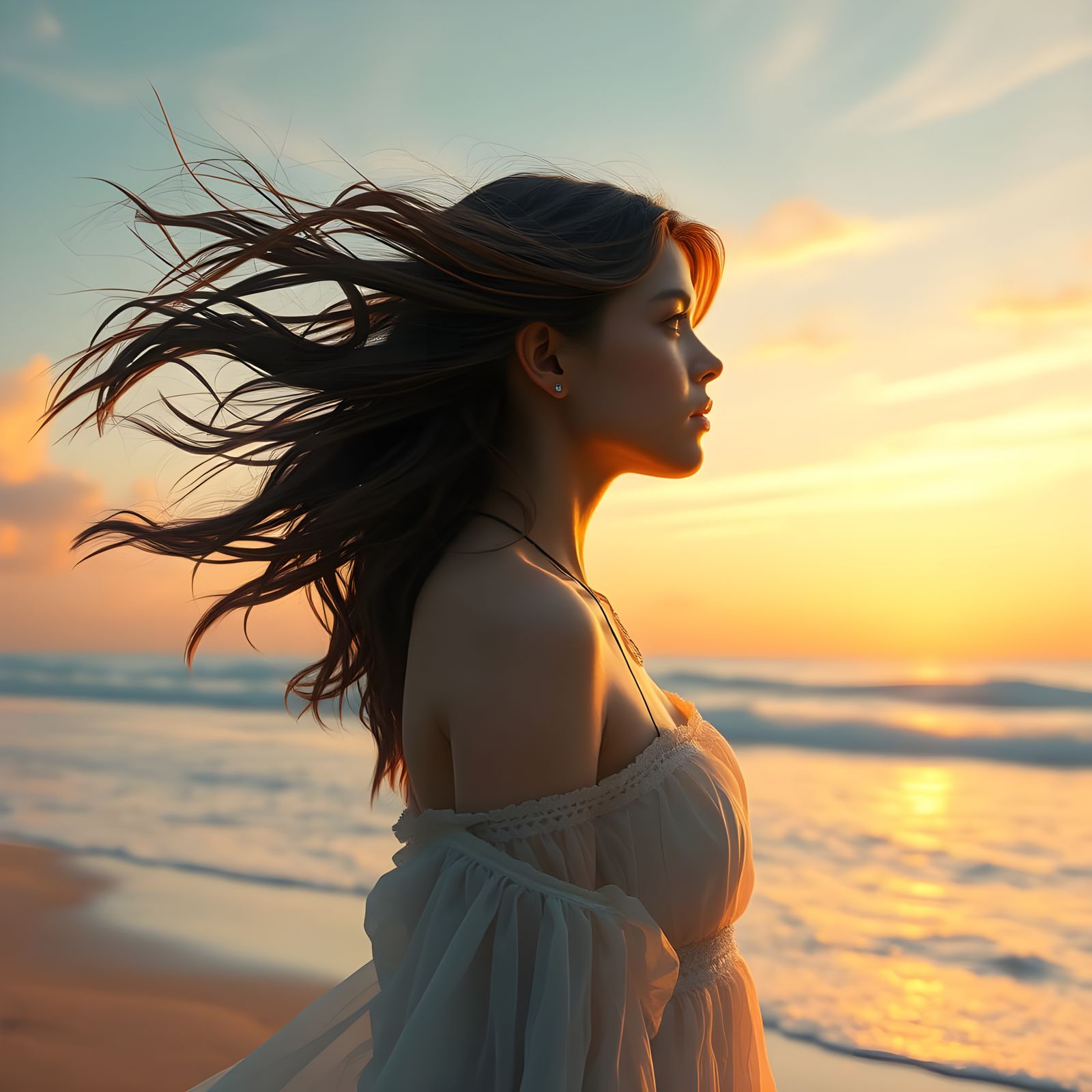 Ethereal Girl on Sandy Beach Under Glowing Sky