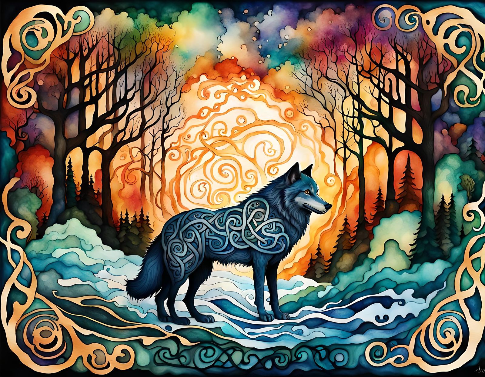 Celtic Wolf Illustration in Art Nouveau Style