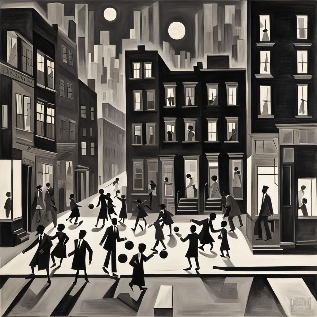 Harlem Night Scene in Cubist Style
