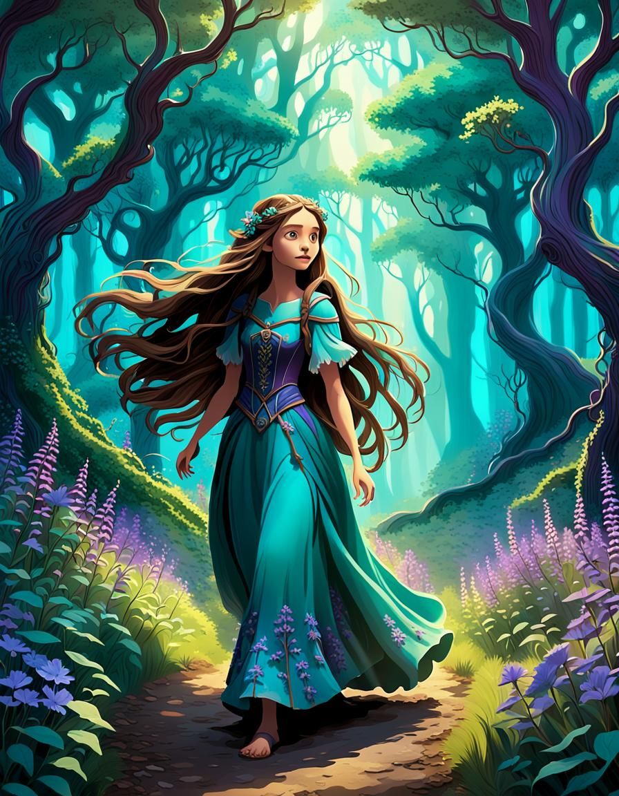 Rapunzel walking in the forest
