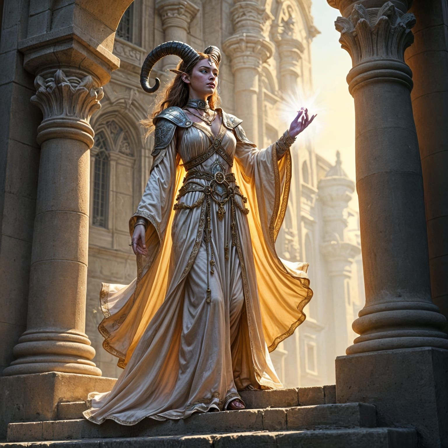 Tiefling Cleric Casts Light Spell in Medieval City