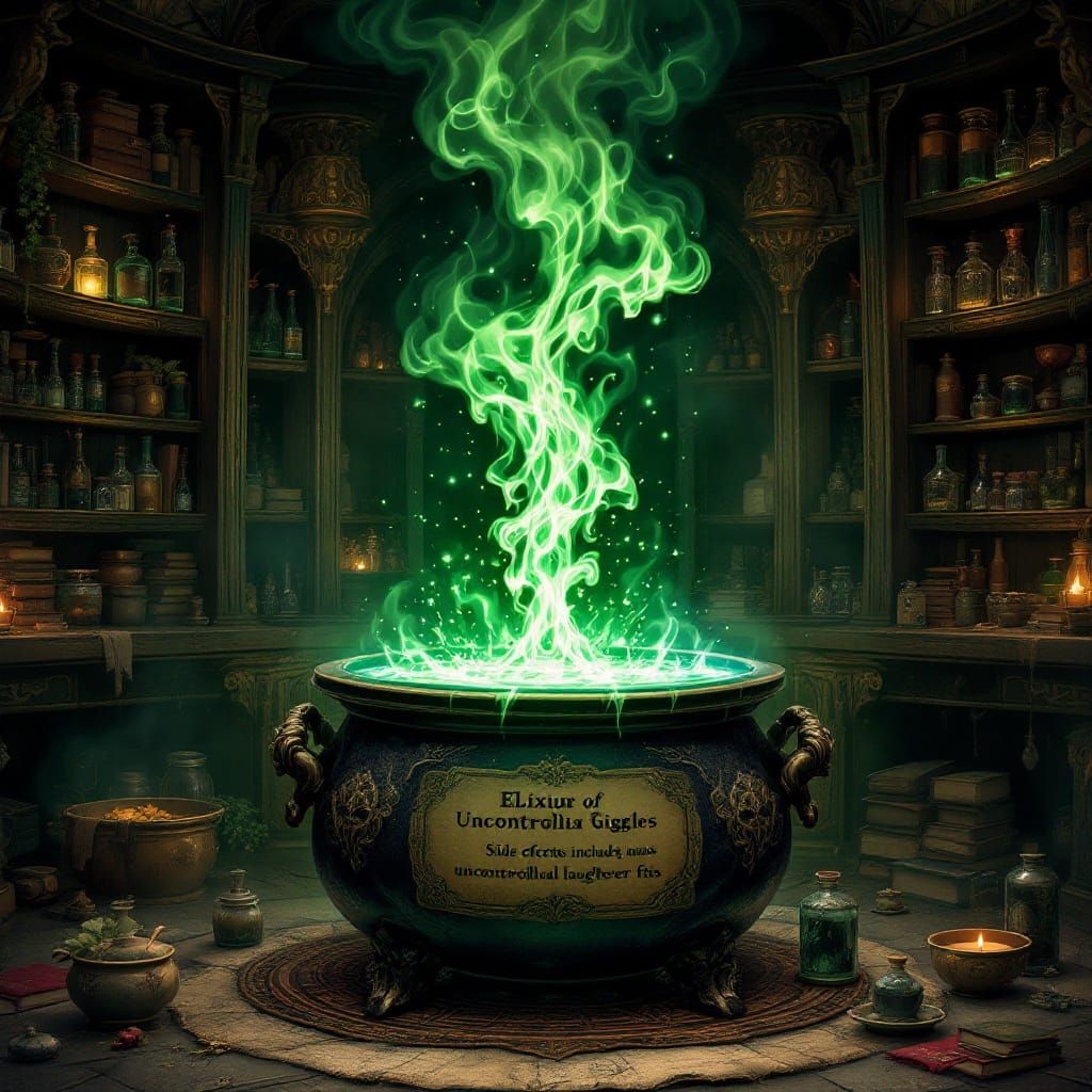 Emerald Elixir of Mirth in Ancient Alchemist's Workshop