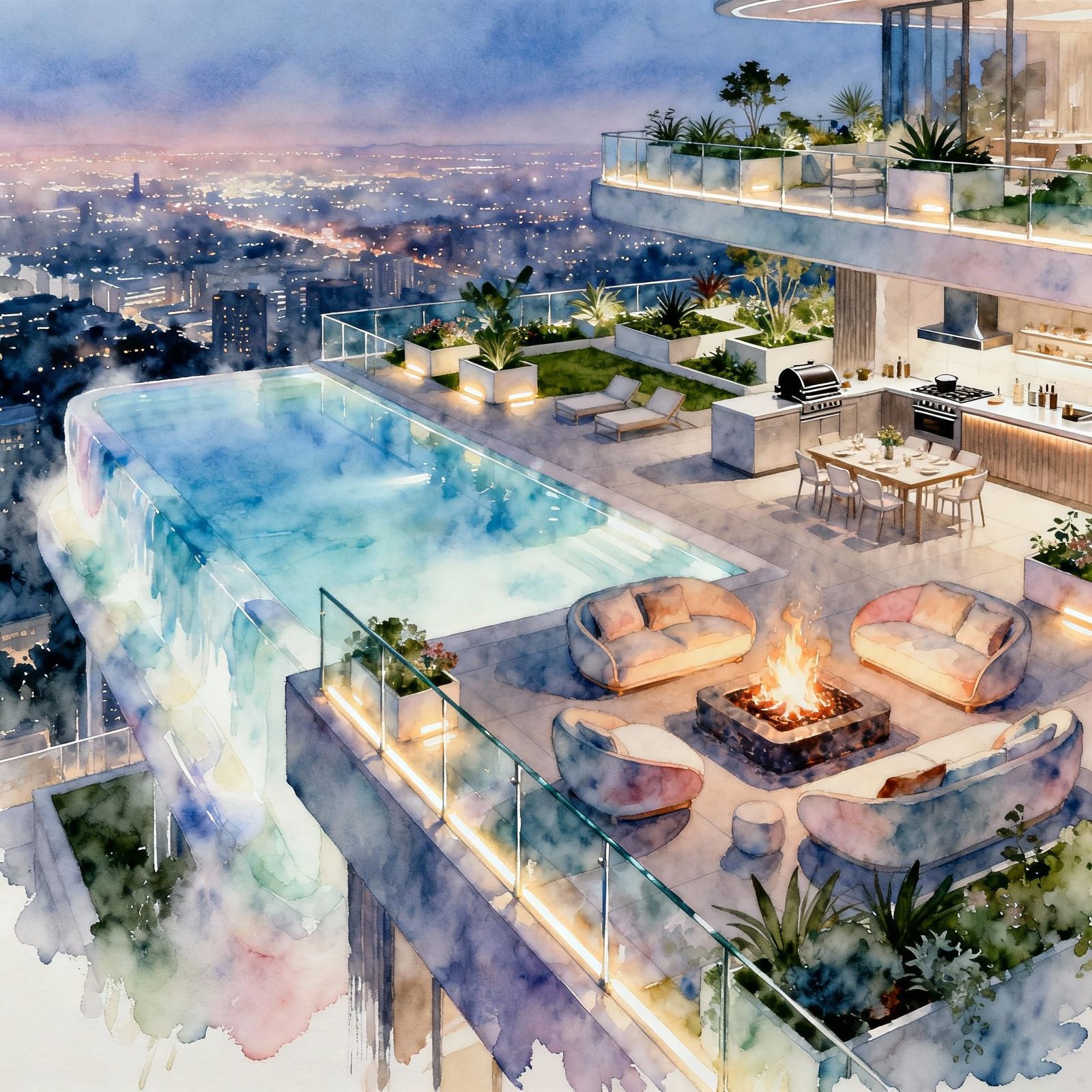 Futuristic Penthouse with Infinity Pool in Watercolor Style