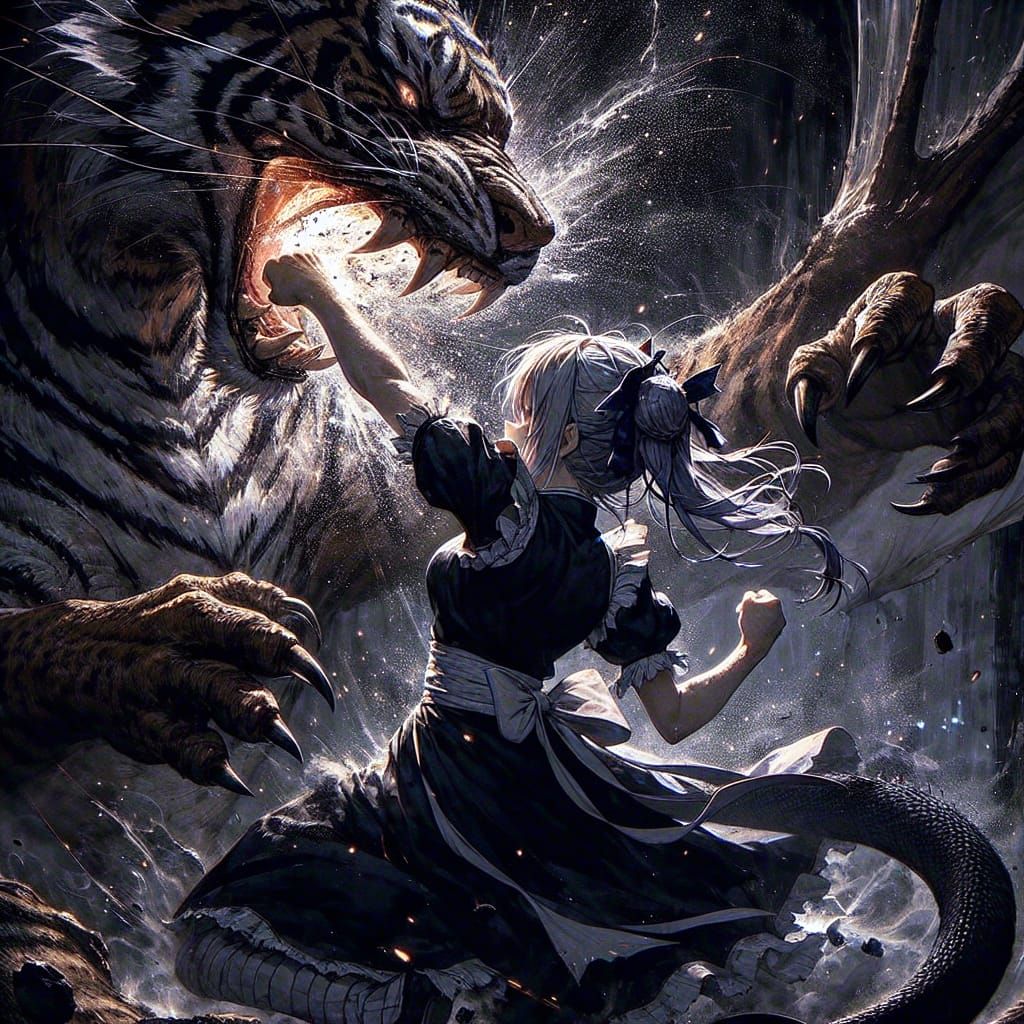 Anime Dragongirl Punches Tiger in Dark Fantasy Style