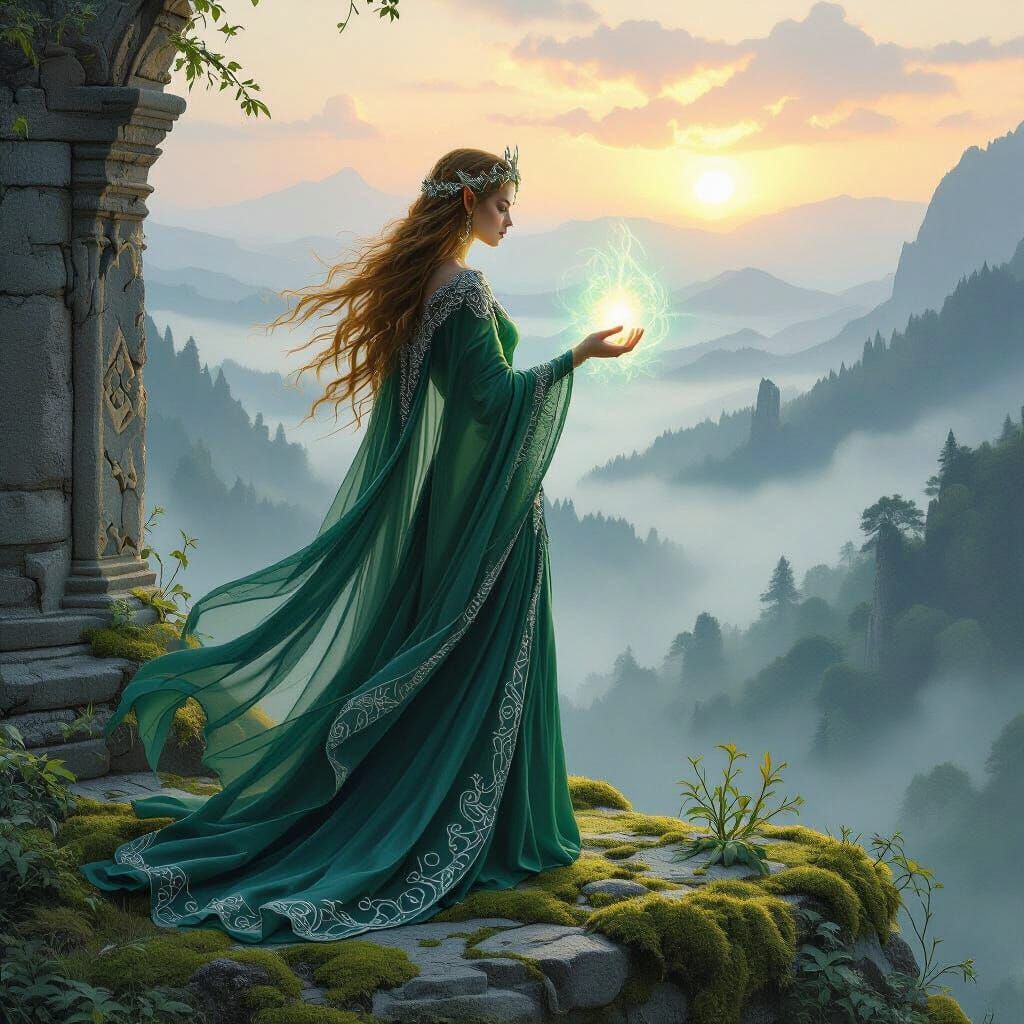 Ethereal Elven Queen Conjures Magic in Ancient Forest