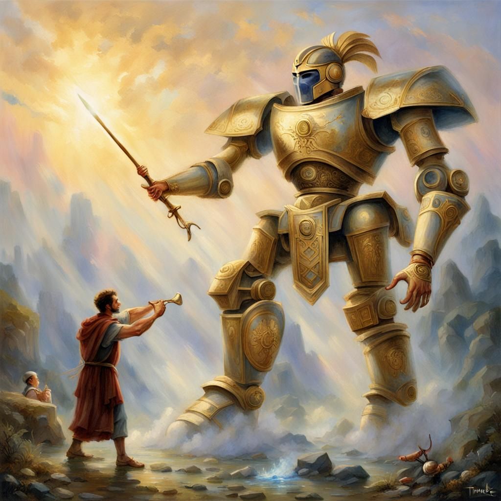 Greek Slinger vs. Robot in Ethereal Fantasy Style