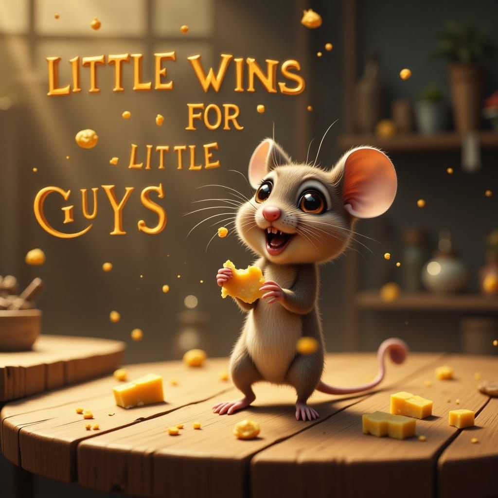 Tiny Mouse Celebrates Cheese Crumb Victory in Golden Light