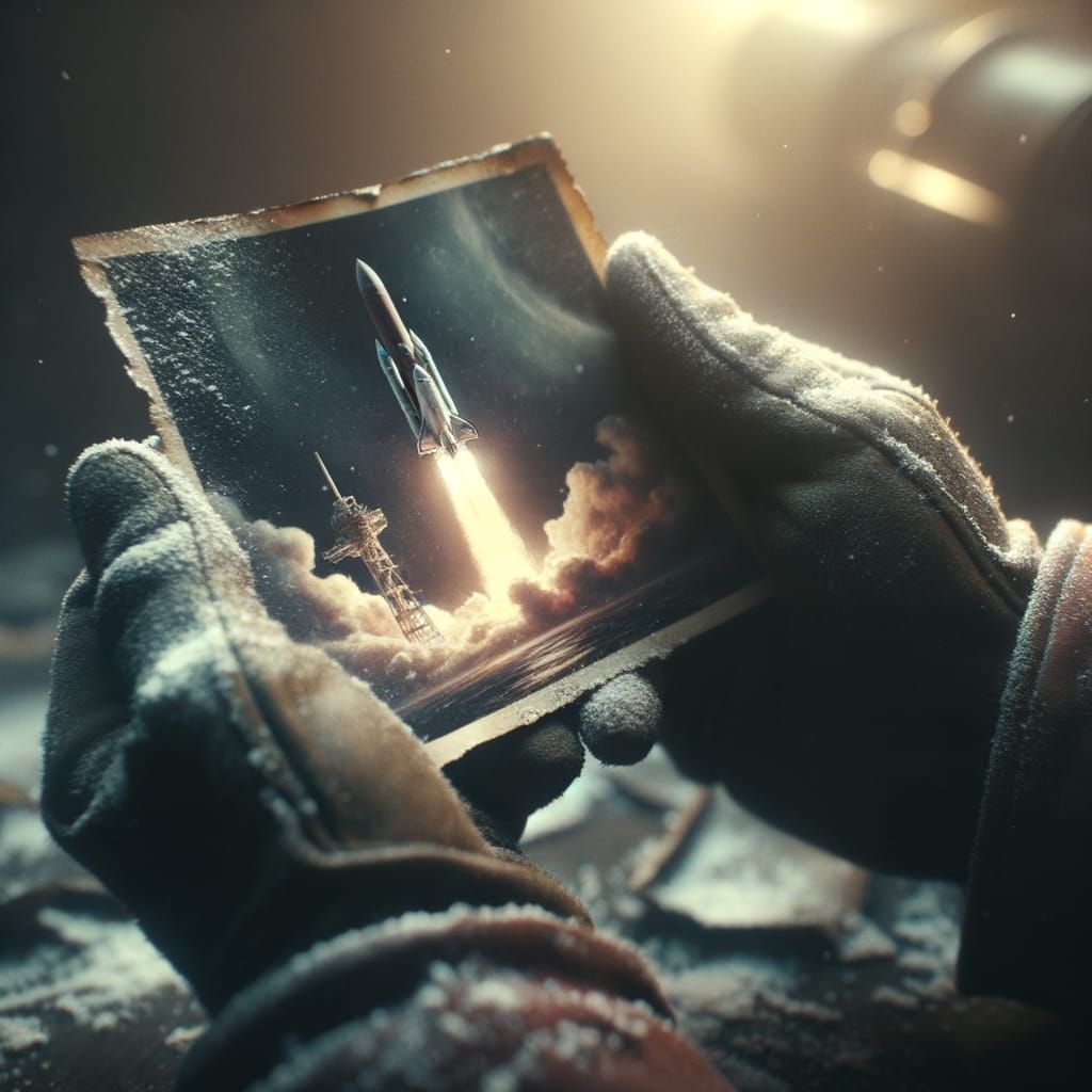 Nostalgic Film Still: Hand Clutching Rocket Photo