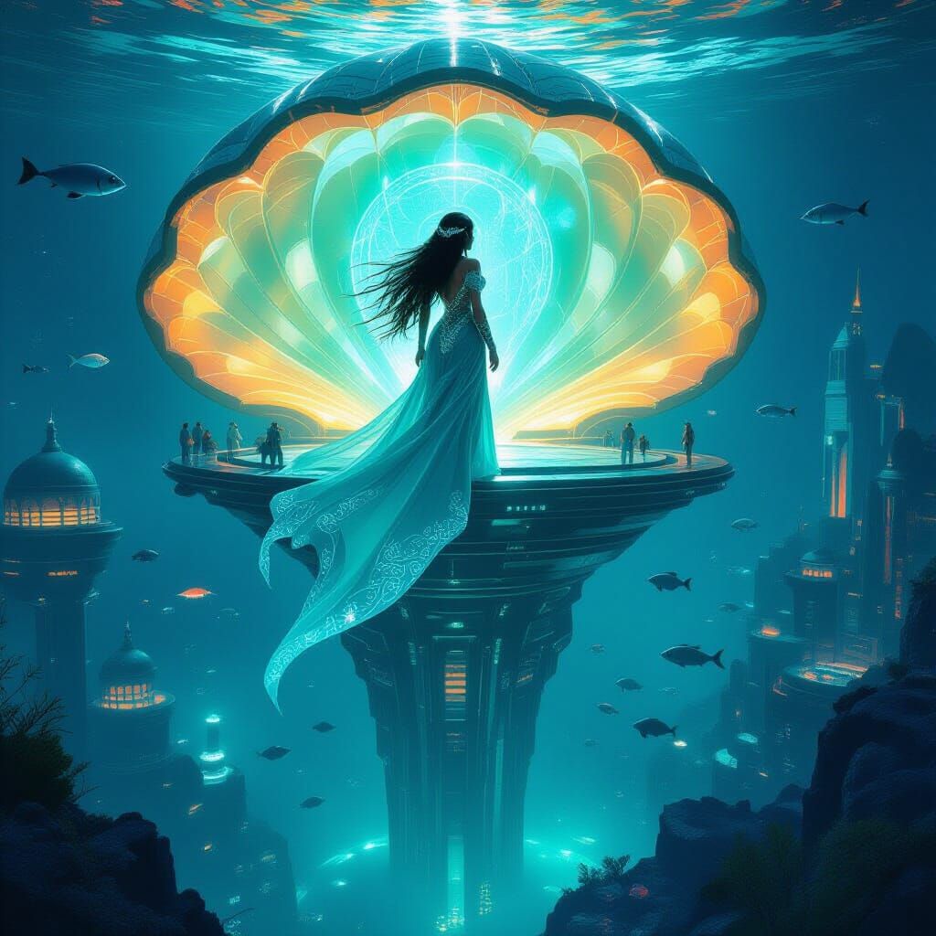 Underwater City Spire: Bioluminescent Futuristic Vision