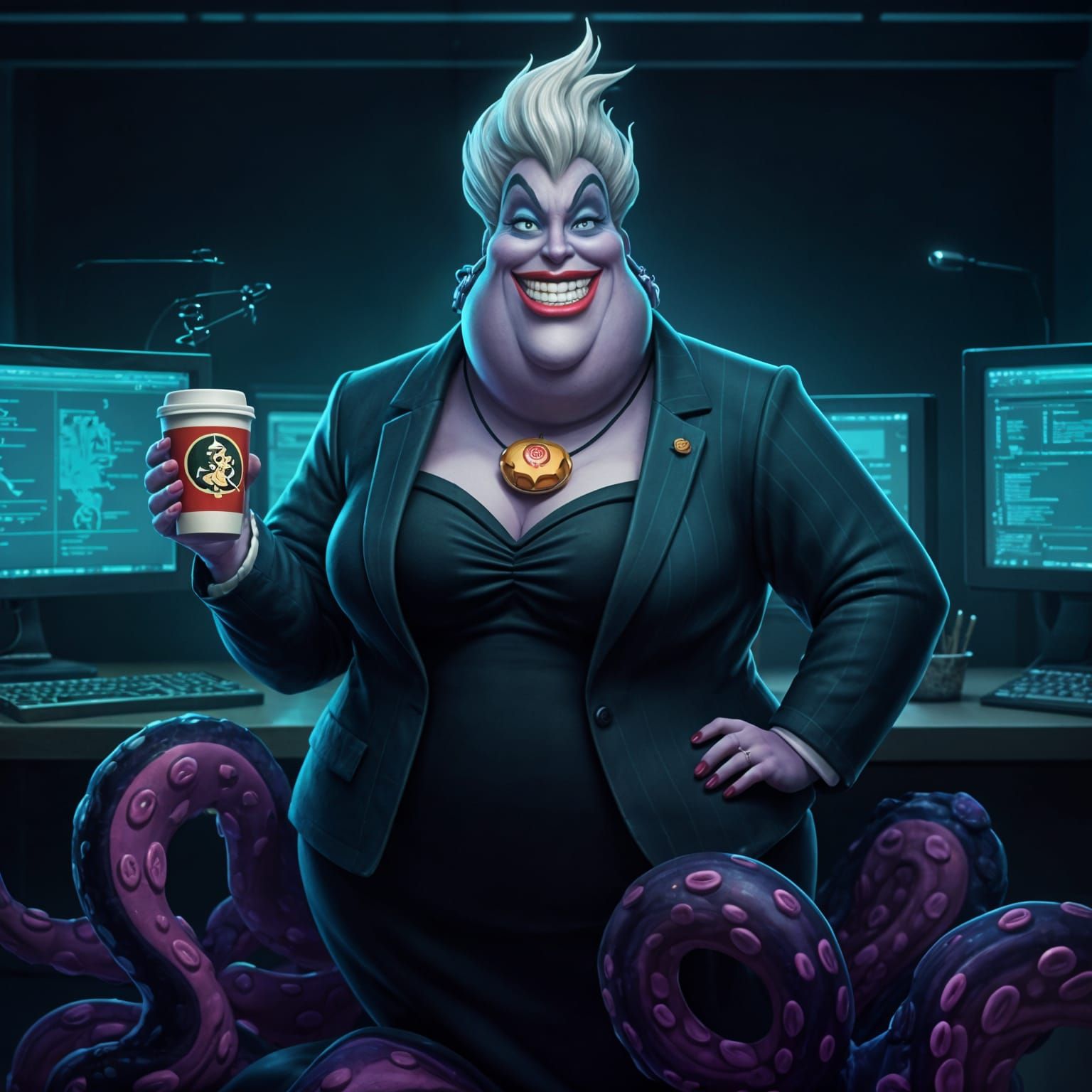 Ursula in Office with Coffee: Pixar-Style 3D Art