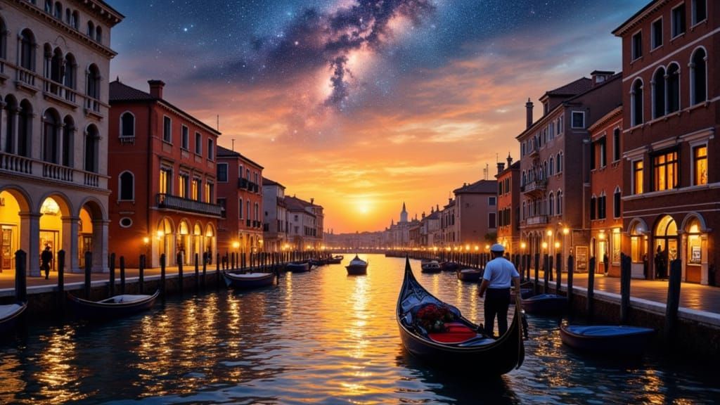Romantic Venetian Canal Sunset Oil Painting with Galaxies