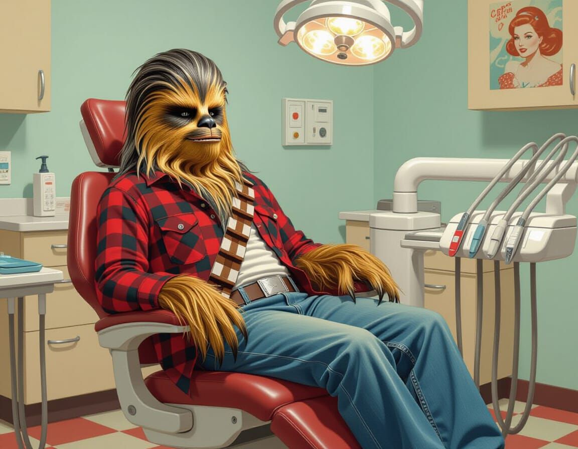 Chewbacca's Dental Visit: Retro-Futuristic Pin-Up Art