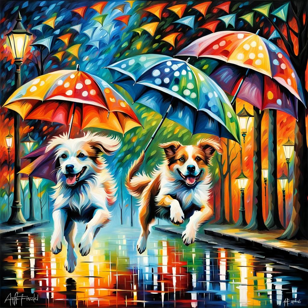 Bioluminescent Dog Leaping Under Umbrellas in Impasto Style