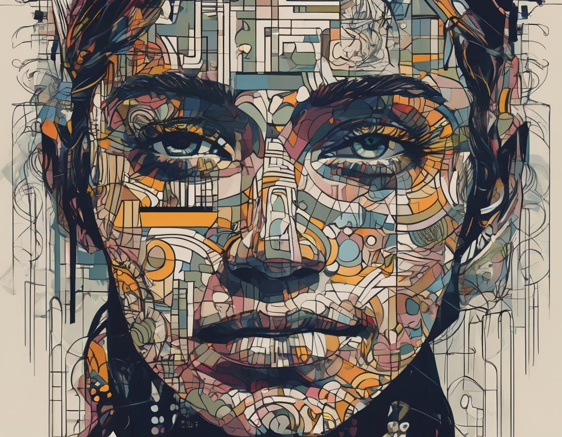 Grungecore Woman With Multichromatic Face and Encaustic Patt...