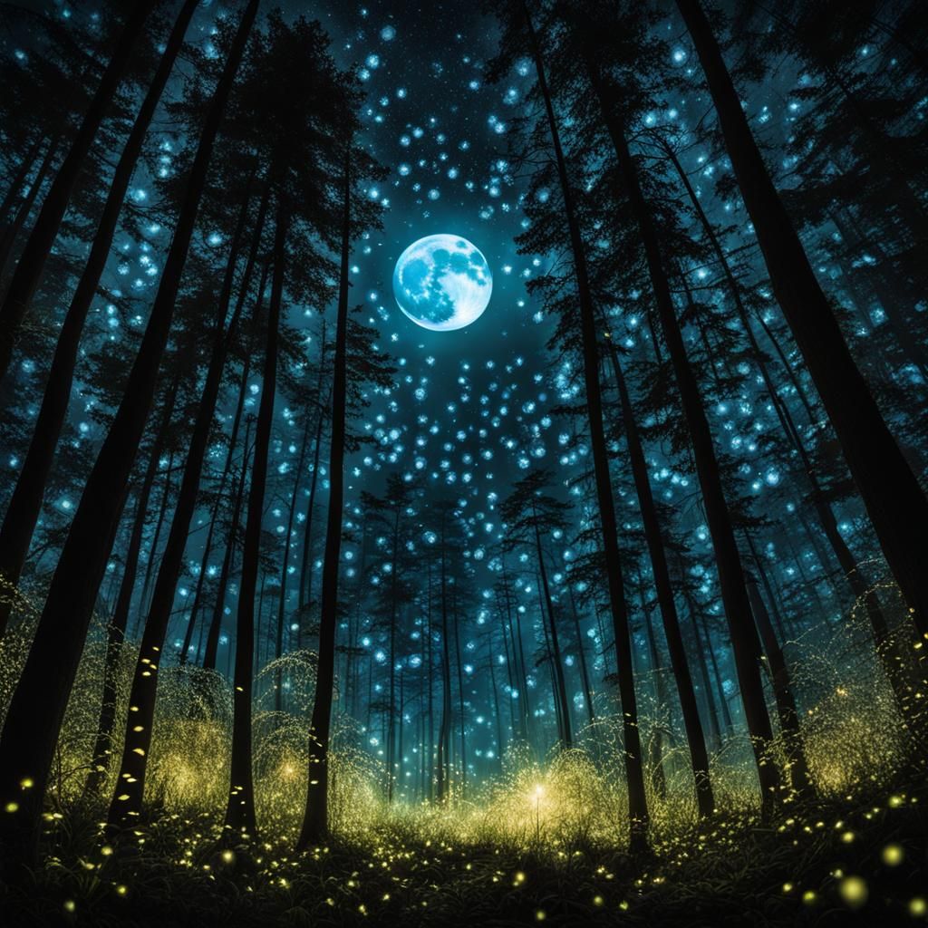 Enchanted Woods: Full Moon and Fireflies in HDR