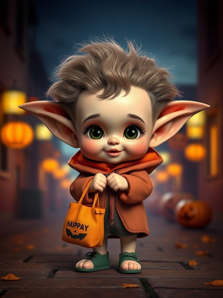 Adorable Goblin Doll in Vibrant Halloween Setting
