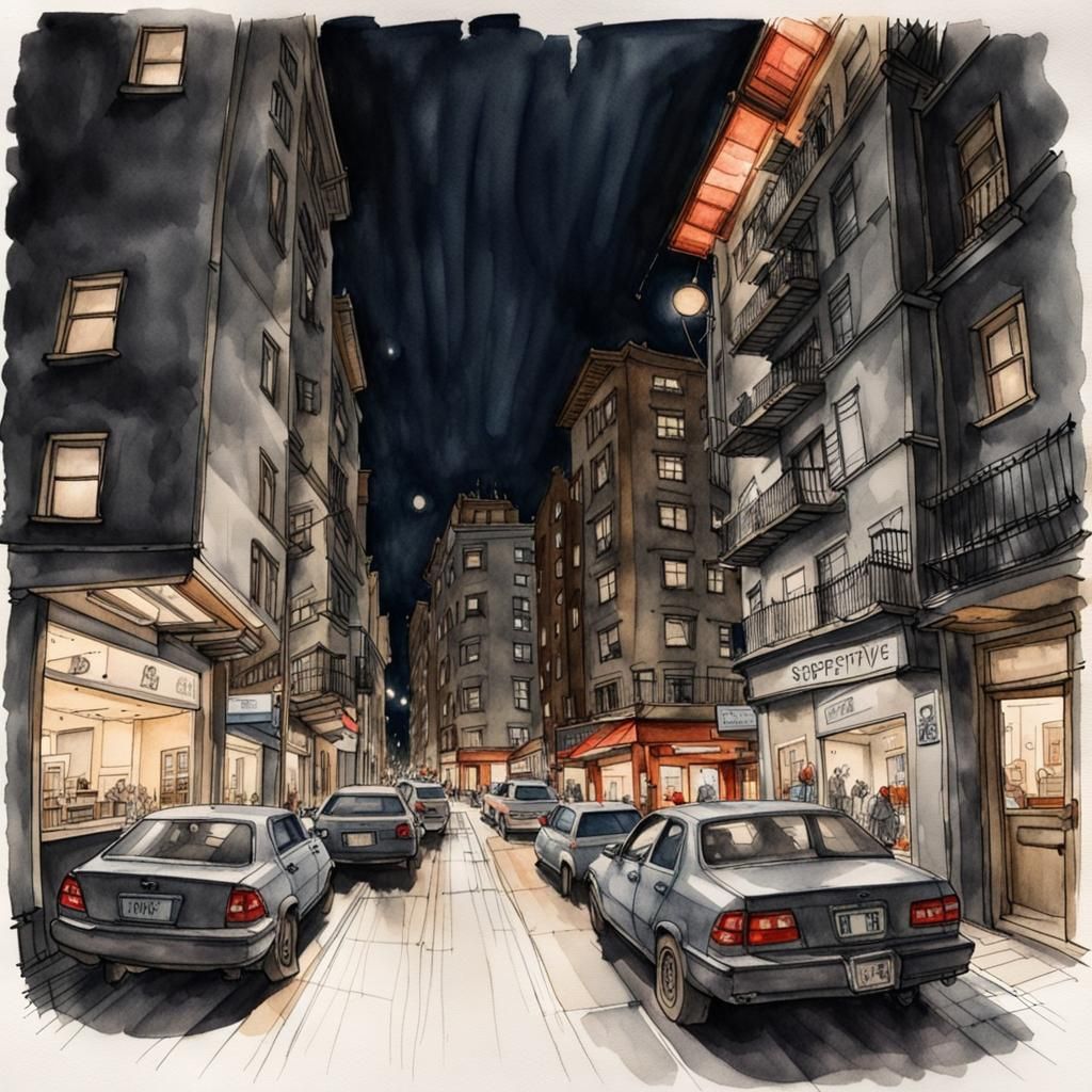 City Street at Night in Spherical Perspective