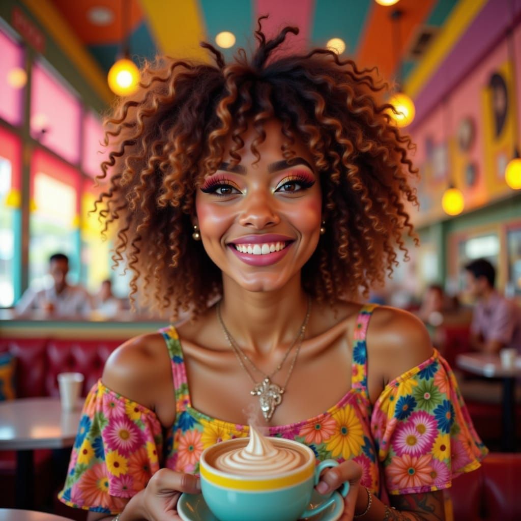 Androgynous Figure Enjoying Cocoa in Vibrant Diner