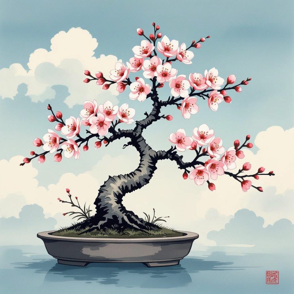 Serene Japanese Watercolor Bonsai Tree