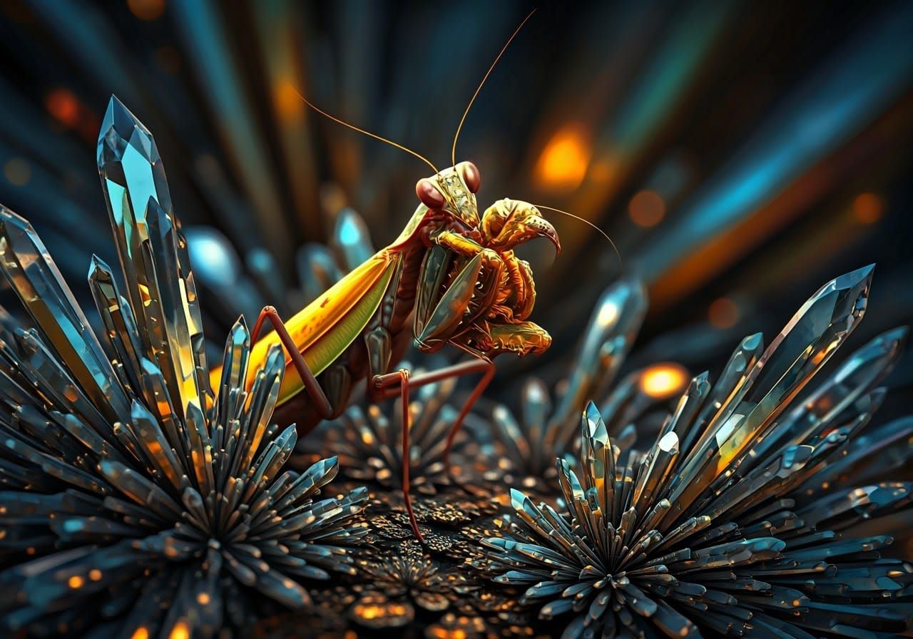 Surreal Diamond Landscape Reveals Praying Mantis Predation