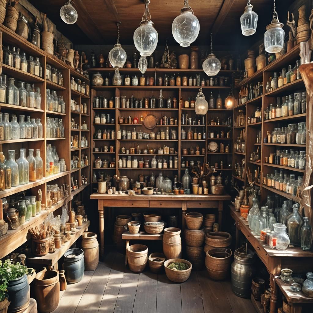 Sunny Rustic Witch Shop Interior Still Life