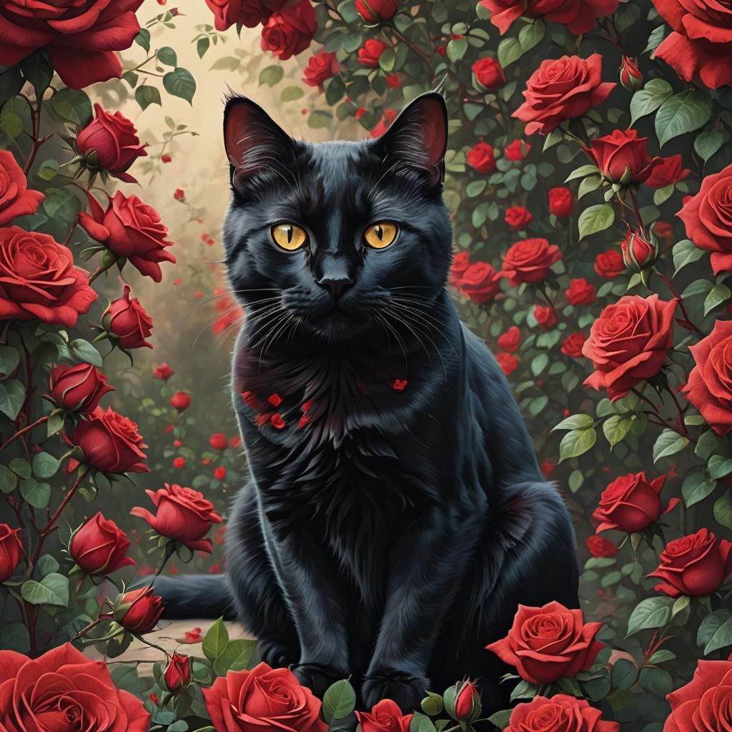 Black Cat in a Red Rose Garden: Digital Art