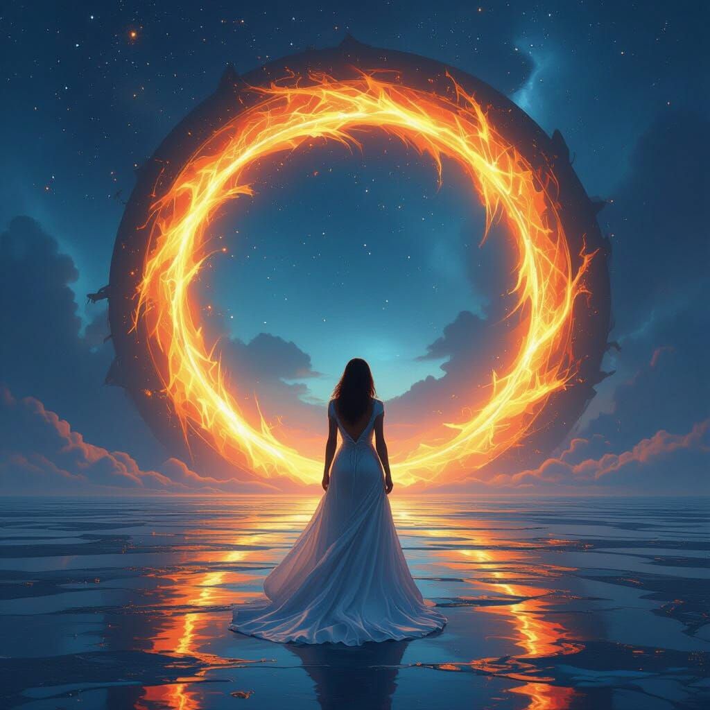 Woman Before Pulsing Stargate, Vivid Blue and Orange