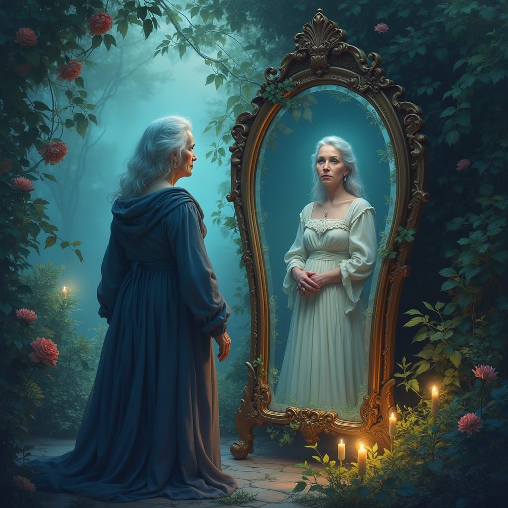 Bioluminescent Garden: Frail Woman's Mirrored Youth in Kinka...