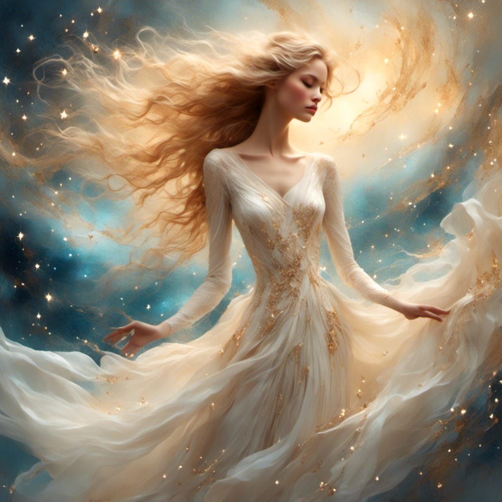 Ethereal Woman in Starry Cosmic Haze, Dreamy Concept Art