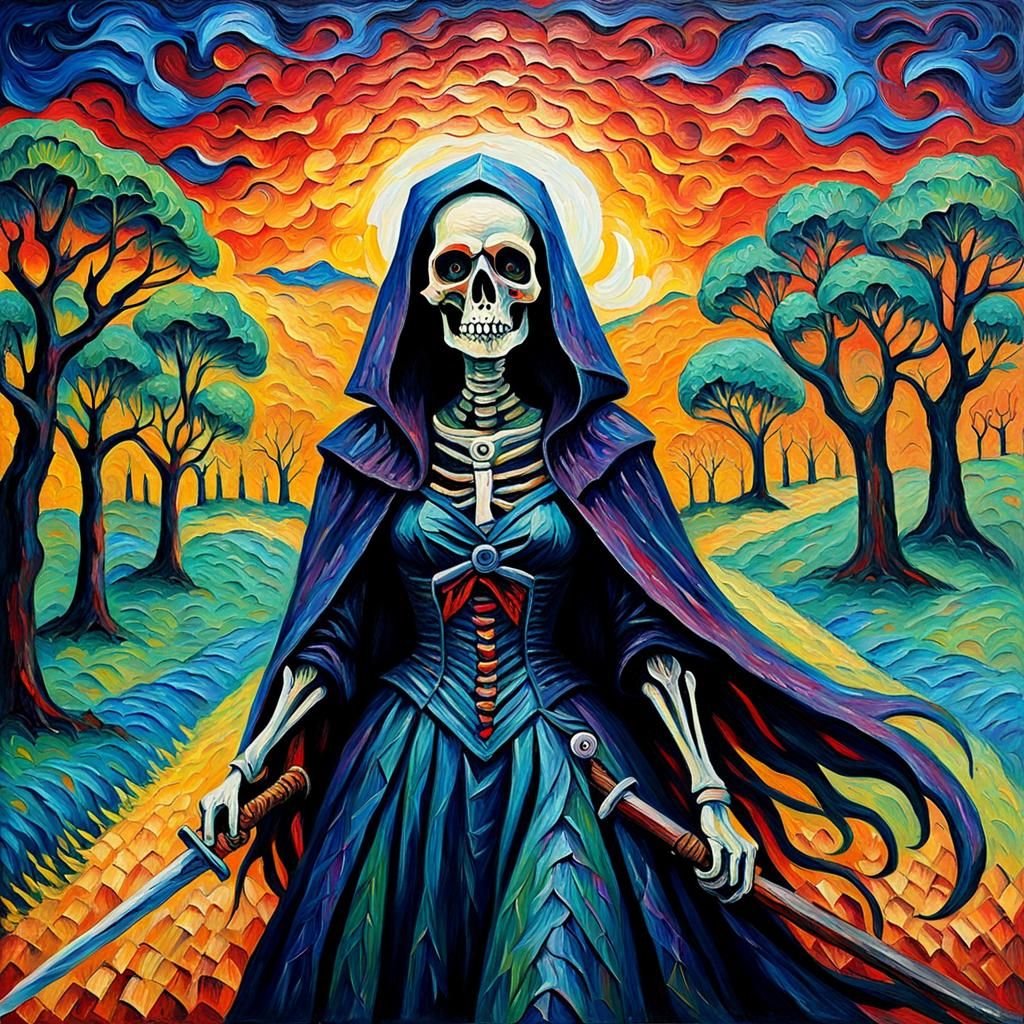 Mistress of Death: Neo-Impressionist Oil Painting