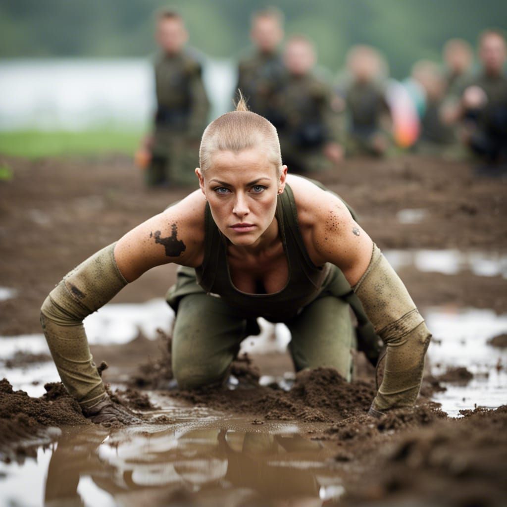Strong Woman Doing Pushups in Mud