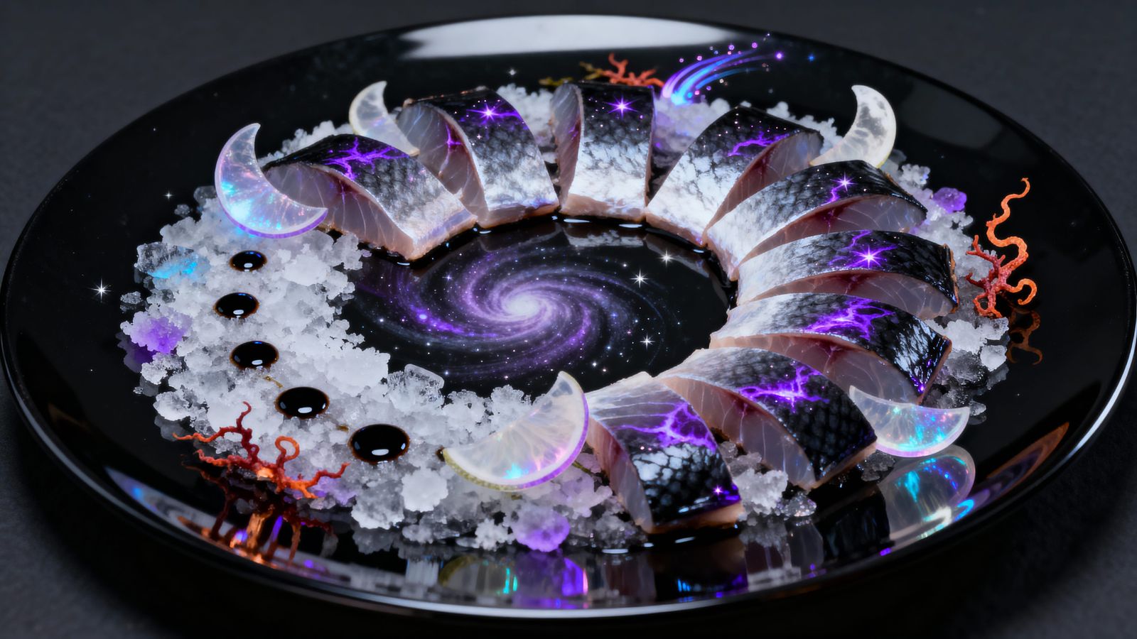 Cosmic Voidfin Sashimi Platter in Surreal Minimalism