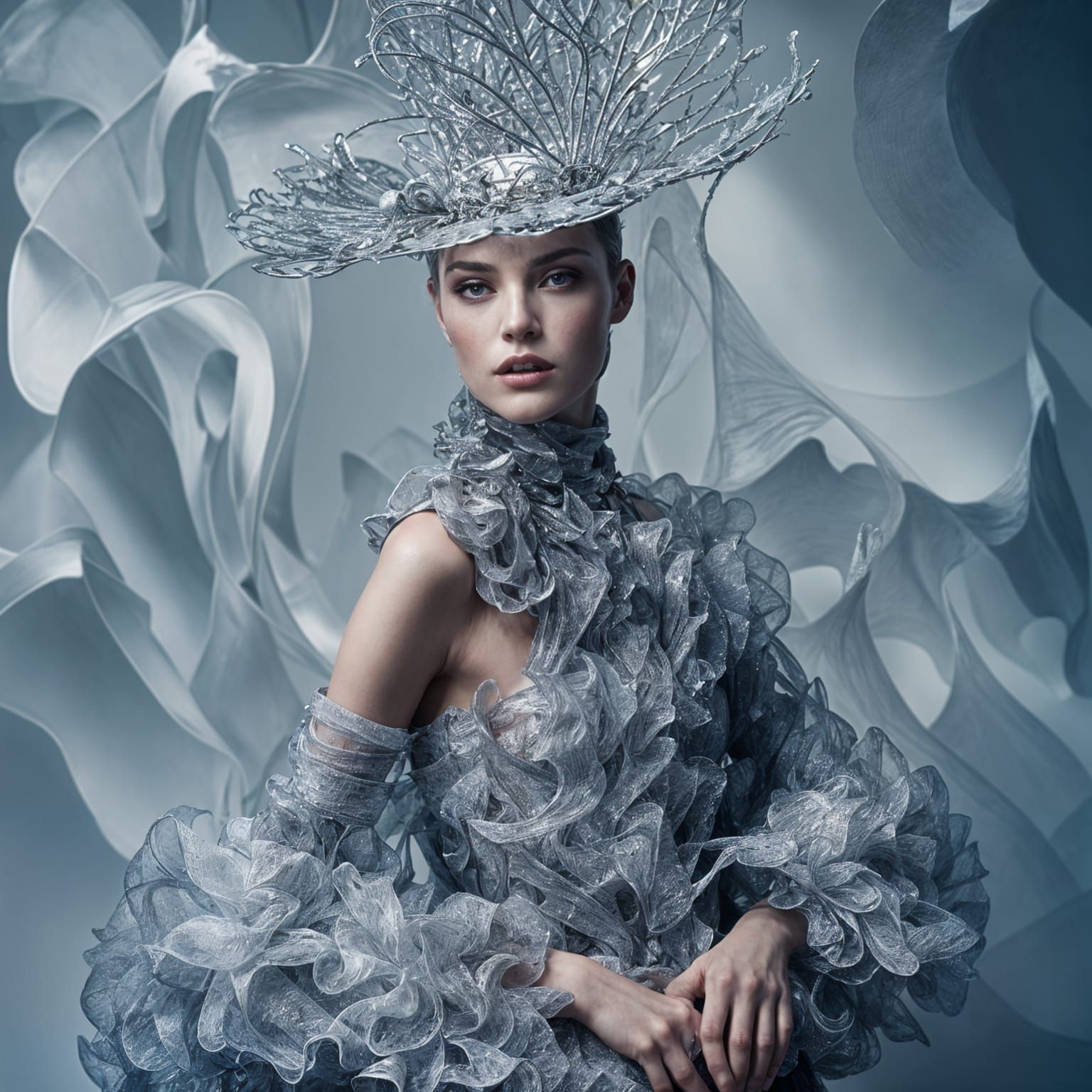 Model in Sculptural Molten Metal Hat, Avant-Garde Fashion