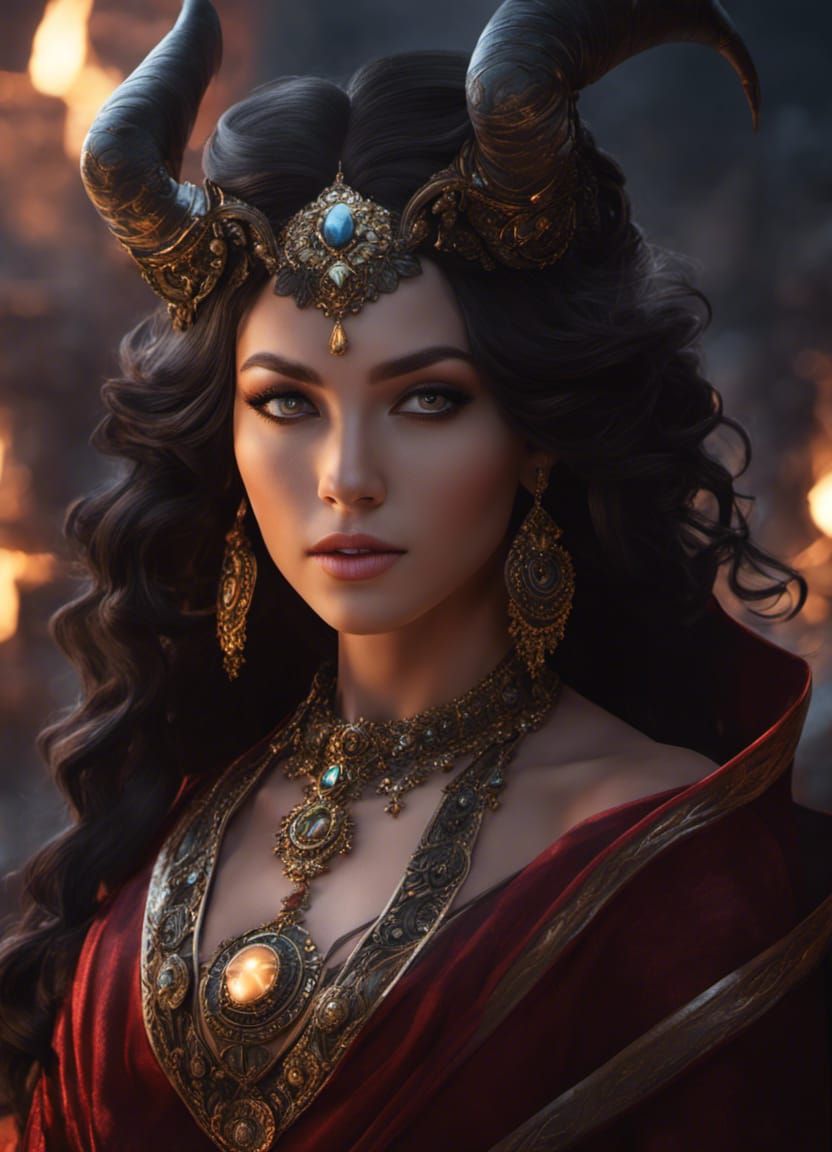 Tiefling Warlock with Cat Familiar in Fantasy Library