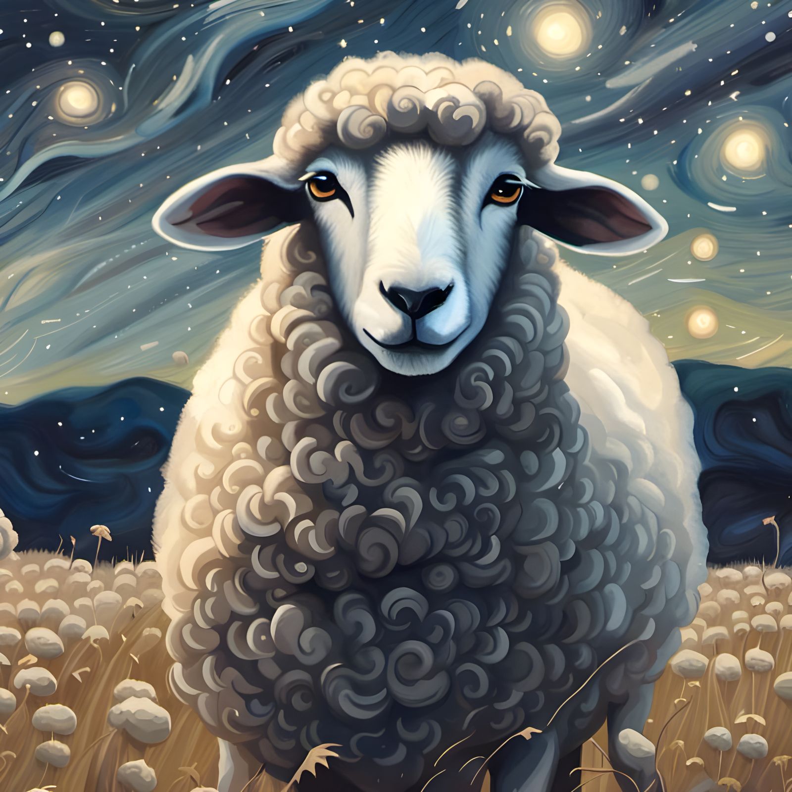 Sheep in Starry Night Field: A Lifelike Scene