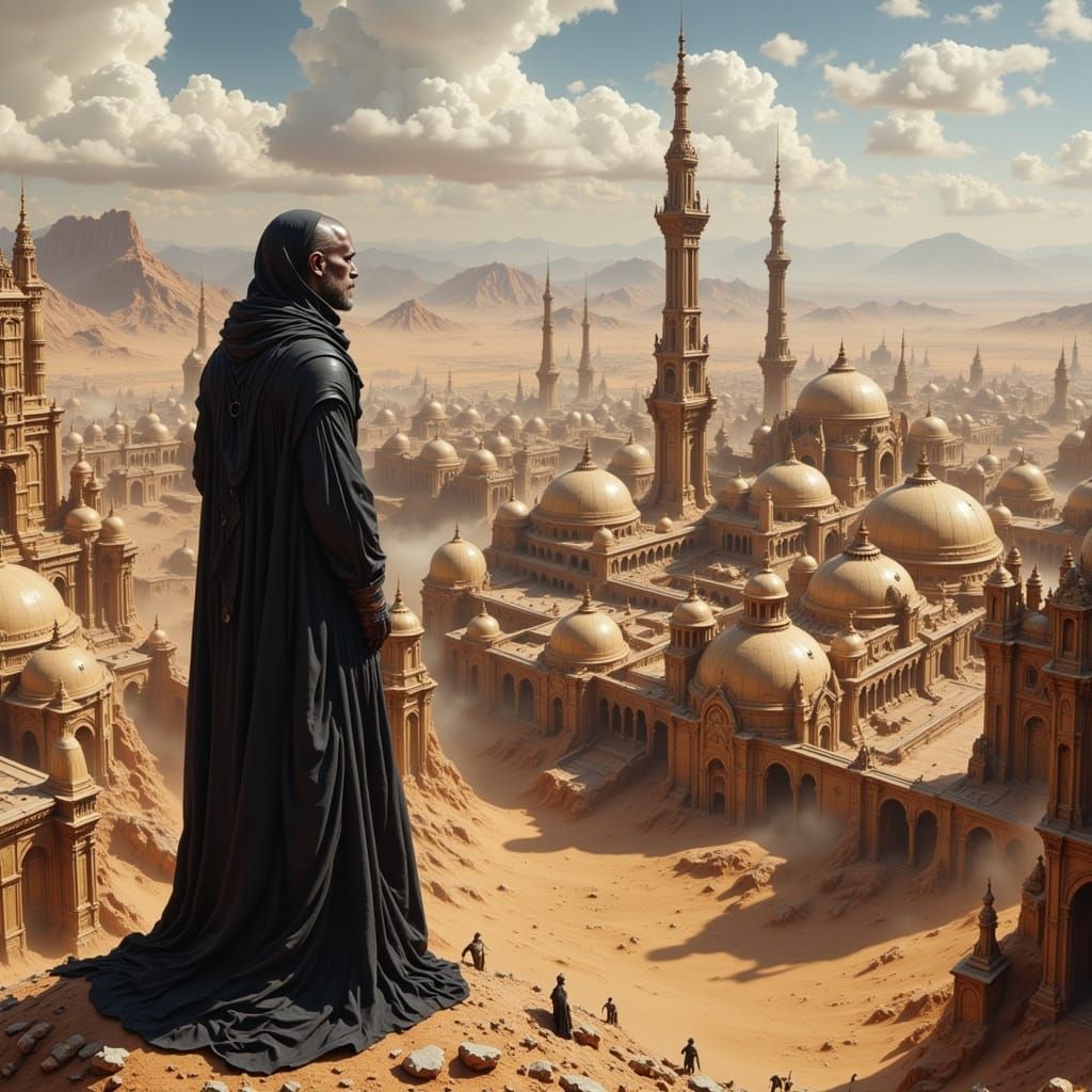Desert City Vista: Man in Black Robes