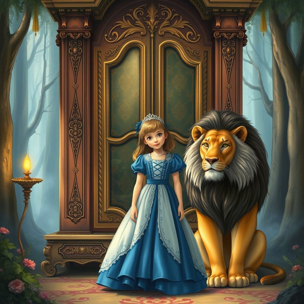 Whimsical Girl Surrounded by Grand Wardrobe and Majestic Lio...