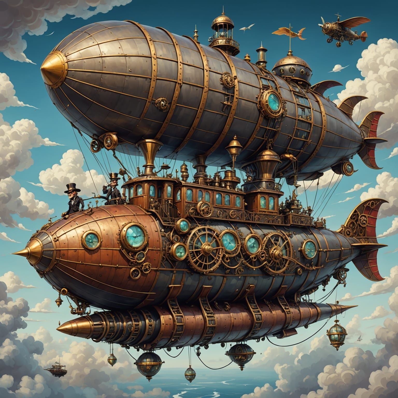 Steampunk Airship Soaring Through Cloudy Skies