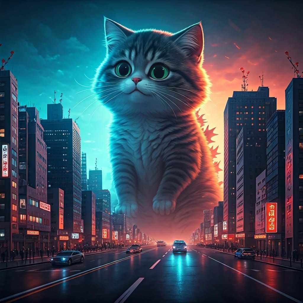 Giant Kawaii Cat Confronts Godzilla in Tokyo