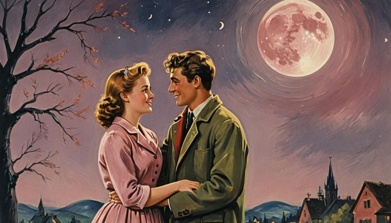 Romantic Couple Under Moonlight in 1950s Film Style