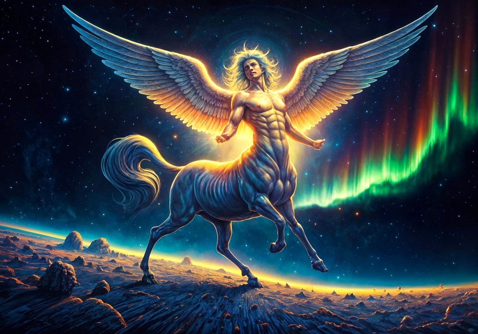 Psychedelic Flying Centaur in Sci-Fi Sky