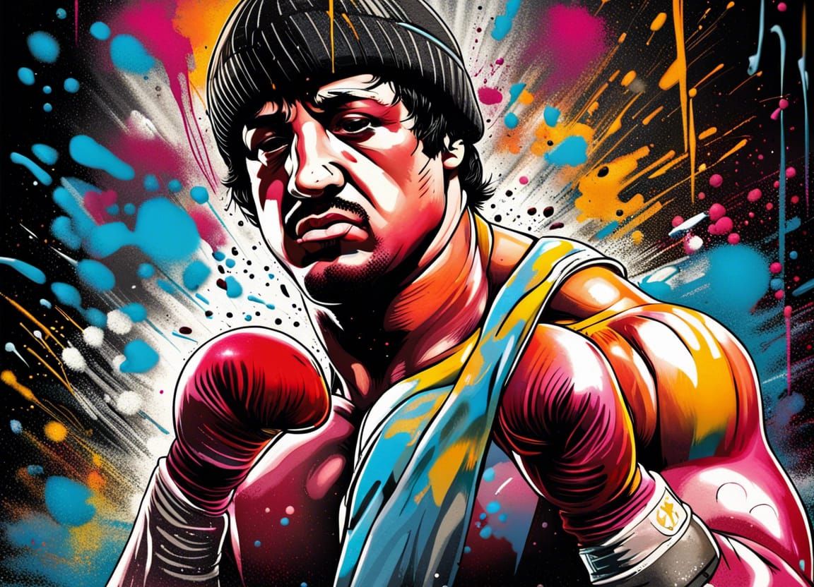Rocky Balboa Graffiti Art in Polychromatic Splash Style